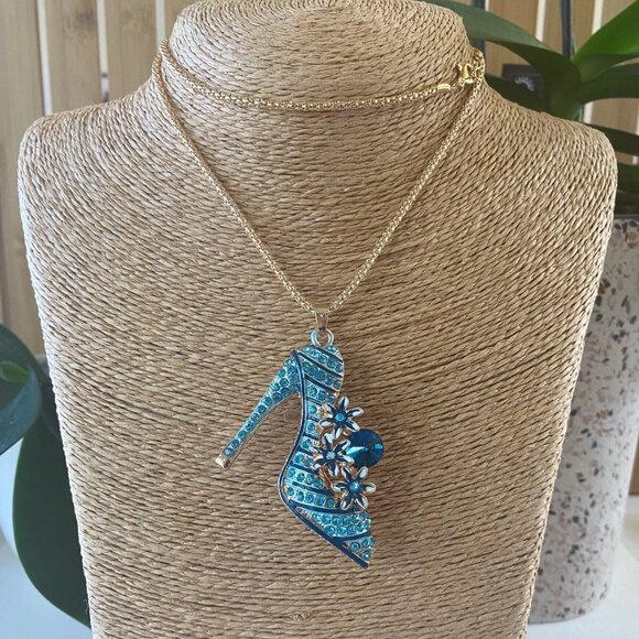 𝅺Aqua Blue Crystal High Heel Shoe Sweater Necklace Collection NWOT - Picture 2 of 5